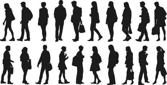 Full length black silhouette of students and young professionals walking and standing with backpacks and bags, diverse group isolated on white background,