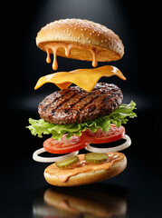 Deconstructed gourmet cheeseburger with flying ingredients in exploded view on black background.