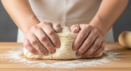 Hands kneading fresh dough on a wooden kitchen table