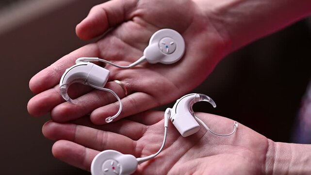 Modern cochlear implant devices resting in open hands. Advanced medical technology for people with severe hearing loss. Audiology, hearing rehabilitation and healthcare concept.