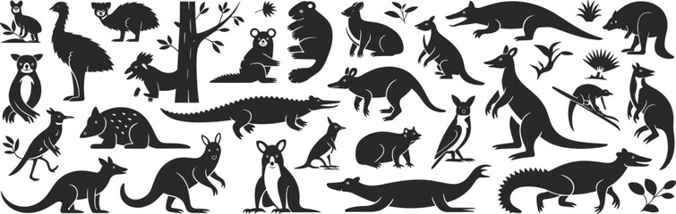 Obraz premium Australian wildlife animal silhouettes collection, kangaroo koala wombat emu crocodile platypus native fauna vector illustration set
