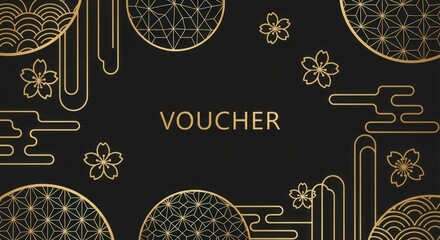Gold Japanese style voucher template with sakura and traditional patterns