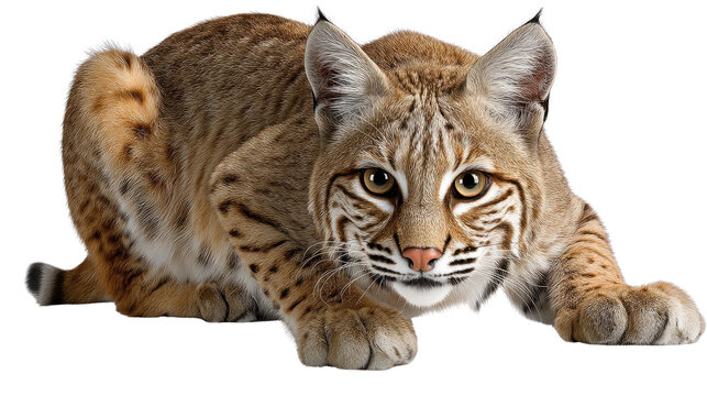Bobcat in Stance: A stunning bobcat stares intensely, its body low to the ground, poised with a primal hunter's focus. Witness the exquisite details of its patterned fur, captivating eyes.