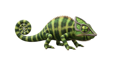 A vibrant green chameleon with curled tail standing on white background