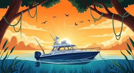 Fishing boat in tropical river at golden sunset illustration