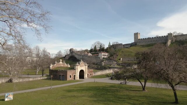 Title: Aerial drone view of Kalemegdan Fortress in Belgrade, showcasing its ancient walls and the iconic Church of Saint Petka (Crkva Svete Petke) within the complex. Belgrade,Serbia 09.02.2026

