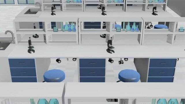3D animation of a modern laboratory environment, designed for scientific research or educational purposes. A space for analyzing biological samples or performing chemical syntheses.	
