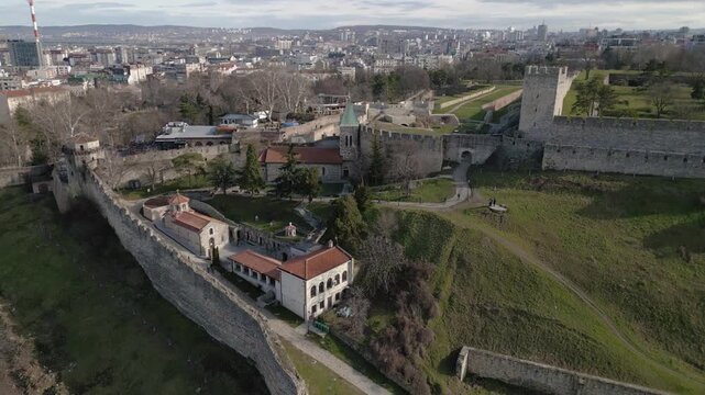 Title: Aerial drone view of Kalemegdan Fortress in Belgrade, showcasing its ancient walls and the iconic Church of Saint Petka (Crkva Svete Petke) within the complex. Belgrade,Serbia 09.02.2026

