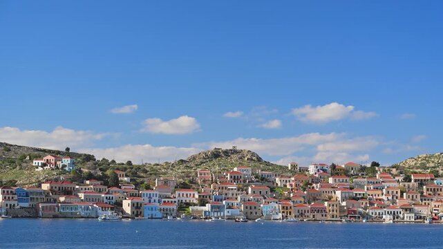 Waterfront View of Chalki Town With Birds, Greece