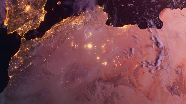 North Africa From Space. Sunrise. Algeria, Egypt, Libya, Morocco, Tunisia, Sudan. Planet Earth. Globe