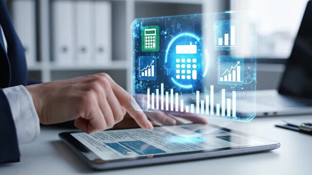 A business professional interacts with a tablet to prepare a digital tax document. The tablet displays a checklist interface related to tax compliance and financial tasks