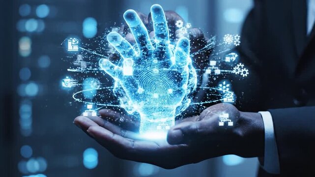 A human hand holds a glowing AI neural network sphere. The display shows data flow and machine learning in a modern environment. The interaction demonstrates technology and innovation