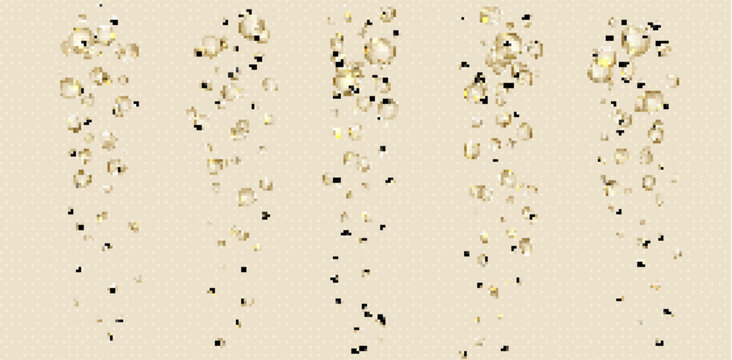 Sparkling champagne bubbles rising in golden liquid on transparent background. Realistic water drops and fizz, soda drink pattern, effervescent texture. Prosecco effect, celebration design bg