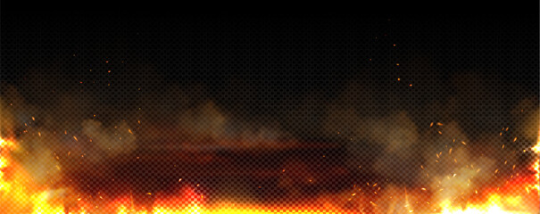 Fire with flying sparks, light of burning flame realistic vector illustration on transparent background. Dramatic fiery effect with glowing orange particles and smoke, dynamic overlay design element © klyaksun
