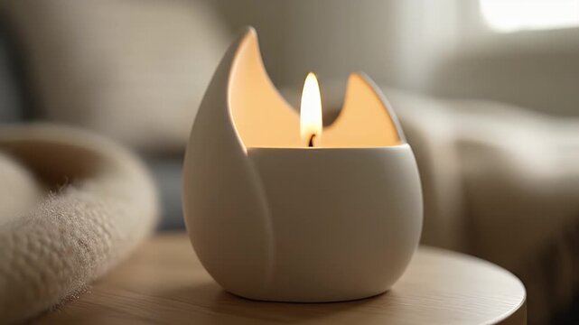 Softly glowing egg-shaped ceramic candle holder with a warm flame on a wooden tabletop