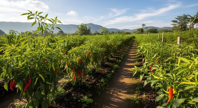 Agricultural landscape with rows of red hot chili plants in a large plantation