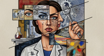 Woman in Lab Coat Holding Wrench, Surrounded by Science and Art Elements