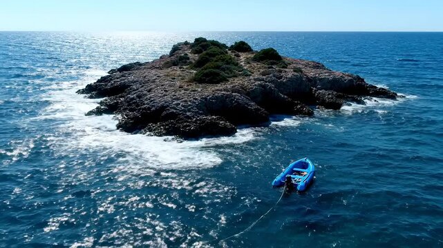 A blue boat near a rocky islet covered in green vegetation, open water