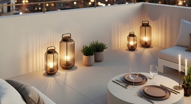 Cozy outdoor dining setup on a rooftop patio at dusk with lanterns and city view