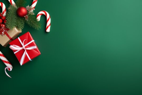 Festive christmas decorations and wrapped presents creating a holiday border on a rich green surface