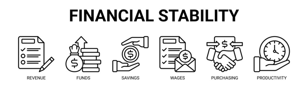 Financial Stability web banner icon vector illustration concept with icons of revenue, funds, savings, wages, purchasing, and productivity.