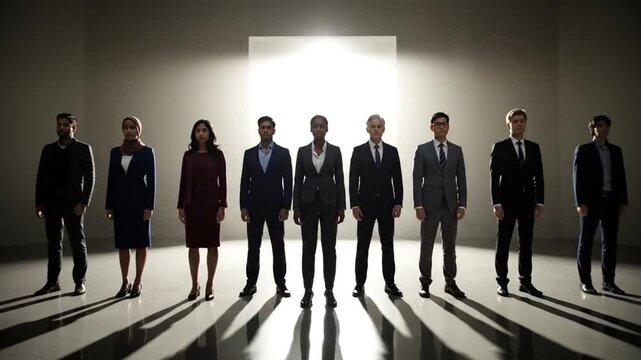 A diverse corporate team, dressed in sharp business attire, dramatically lines up in a studio against a bright backlight, creating long, striking shadows on the floor.
