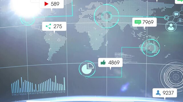 Dotted world map receiving data spawning clustered bubbles around pie chart to show global reach