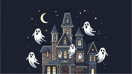 Mysterious ghosts floating around an old mansion at night under the moonlight © Stock Image Paradise
