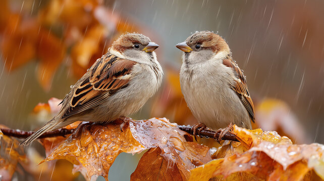 Two small brown birds sitting on a wet leafy branch in the rain together