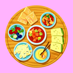 Mediterranean appetizer tray with various dips cheeses and fresh fruits for sharing - Vector Illustration
