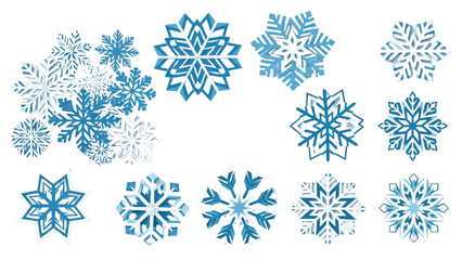 Fototapeta premium Collection of various blue snowflakes displayed on a clean white background from a direct viewpoint