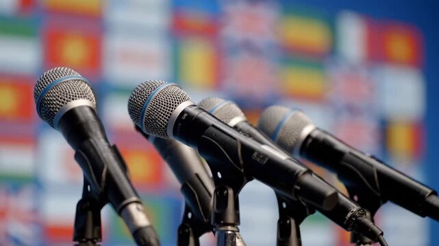 The video maintains a static close-up shot for eight seconds, focusing on a row of professional microphones on stands, set against a colorful, blurred backdrop of international flags, ready for a pre