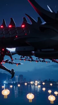 Vertical video: Fireworks launching cueing robotic dragon gliding over river with drones for parade