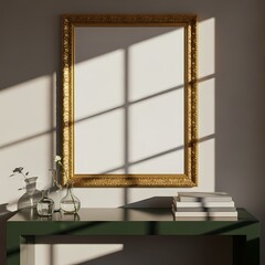 Poster Frame Mockup in Minimal Room with Console Table, Twigs and Moody Light