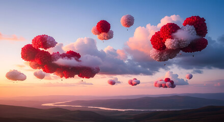 Fototapeta premium Breathtaking Red Pink White Balloon Clouds Floating in Pastel Sunset Sky, Dreamlike Romantic Celebration Landscape