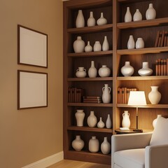 Ceramic Vases Porcelain Figurines Antique Decor on Wooden Shelves with Warm Cozy Lighting &ndash; Poster Frame Mockup