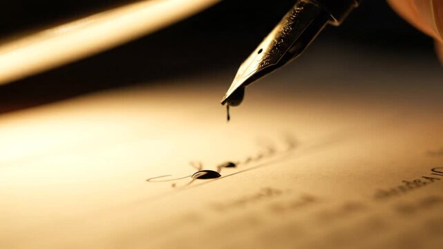 A close-up shot captures a fountain pen nib dispensing a drop of black ink onto sepia-toned paper, dramatically blotting a signature line, highlighting the weighty moment of signing a crucial documen