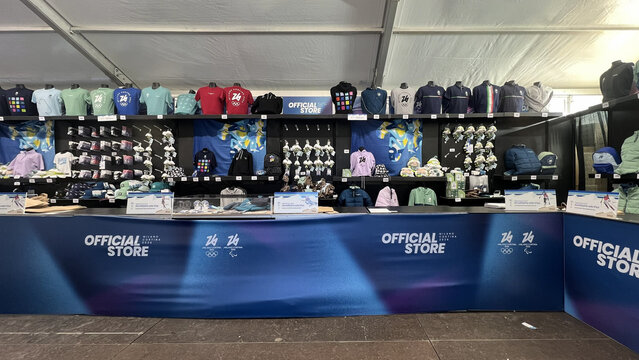 Livigno, Italy - February 8, 2026: Interior view of the official Olympic Games store with licensed merchandise and souvenirs during Milano Cortina 2026 Winter Olympics