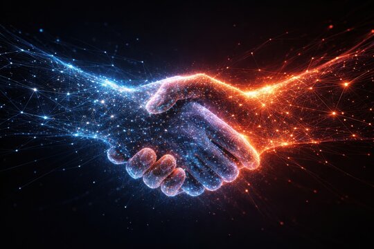 Digital handshake between blue and orange glowing hands showing global cooperation and technology deal