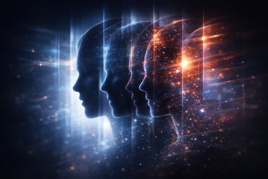 Multiple silhouettes of human faces layered with cosmic stars and light rays in blue and gold