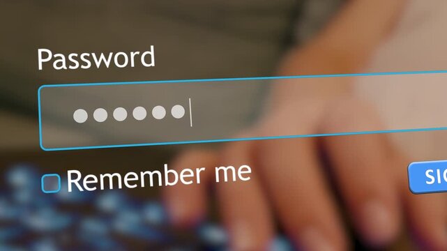 A pregnant woman enters her password in a website form box while using a computer. She clicks the submit button after typing in her details.