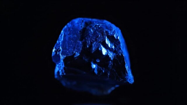 A dark blue, rough crystal specimen slowly rotates in isolation against a stark black background, illuminated by intense, cold blue light that highlights its sharp, reflective facets.