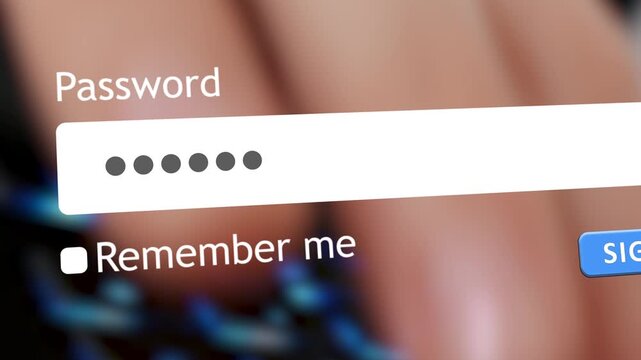 User types a password in a sign-in form on a computer. The background shows hands typing on keys. The cursor hovers over the remember me option.