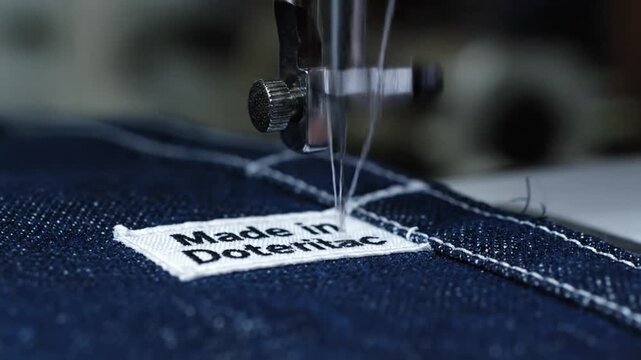 A close-up view of an industrial sewing machine attaching a white "Made in Doteritac" label onto dark blue denim fabric with white thread, showcasing precise manufacturing.