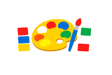 A colorful illustration of a yellow artist palette with various paint colors, a blue paintbrush with red bristles, and several rectangular paint blocks on a black background.