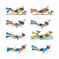 Eight vector illustrations of snorkelers and scuba divers wearing fins and masks, swimming in tropical waters near small islands. © Maya