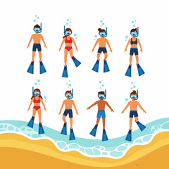 Diverse Group of Snorkelers and Divers with Masks and Fins Enjoying Ocean Water Activities on a Summer Beach Holiday. © Maya