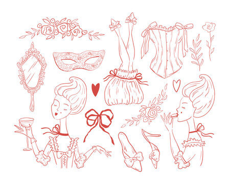 Rococo aesthetics. Hand drawn whimsy line art clip art with woman-aristocrat, bow, wedding shoes, mask, corset with ribbons, bouquet, vintage mirror. Charming red graphics set of illustration.