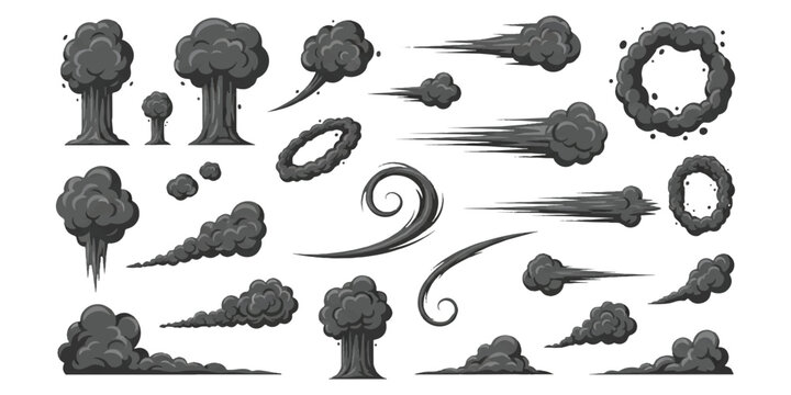 Collection of different dark smoke effects for explosions, speed trails, and impact illustrations in vector format.