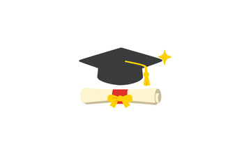 A black graduation cap with a yellow tassel sits above a rolled diploma tied with a red ribbon and yellow bow. A small yellow sparkle accentuates the academic achievement theme.